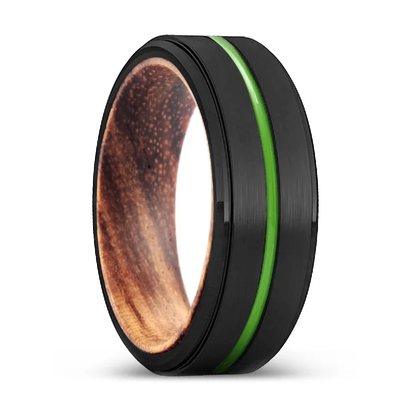 sterling silver rings for women-ALEXANDRIA | Zebra Wood, Black Tungsten Ring, Green Groove, Stepped Edge