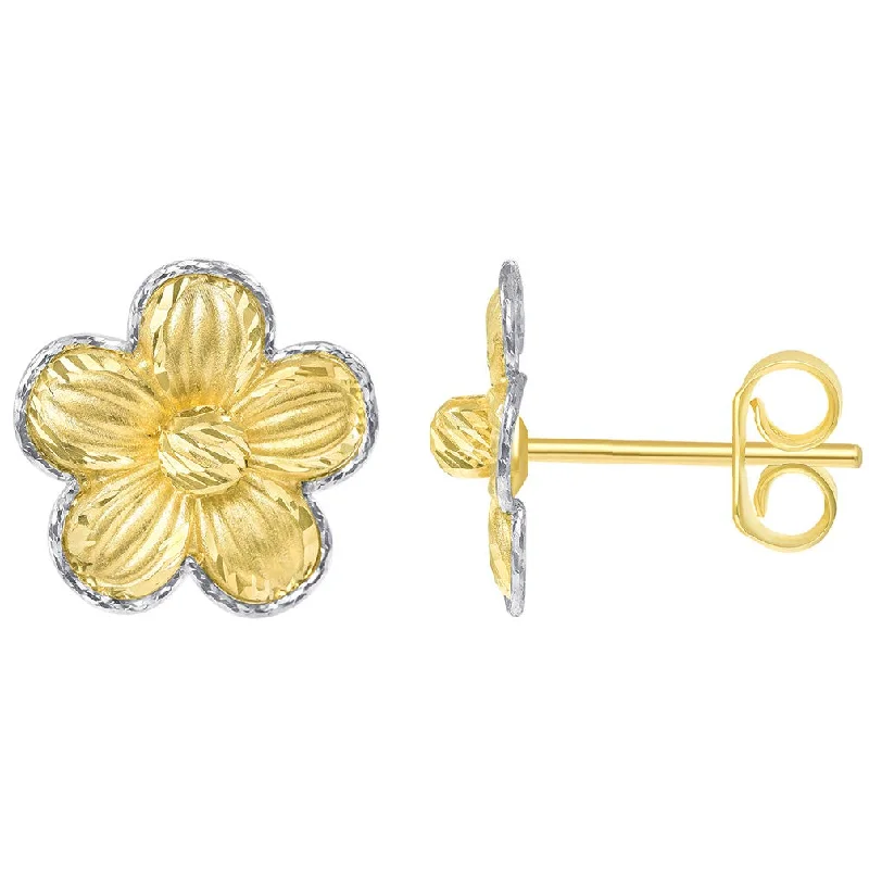 vintage earrings for women-14k Two-Tone Gold Textured Blooming Flower Stud Floral Earrings with Friction Back, 11mm