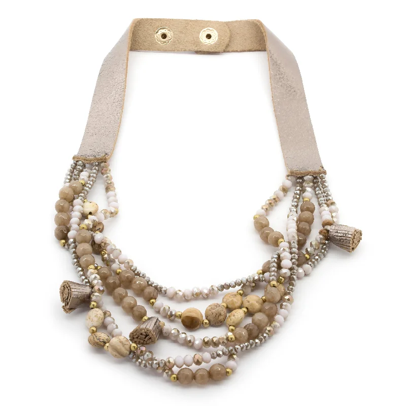 trendy pendant necklaces for women-Khaki Five Row Beaded Necklace With Tassels