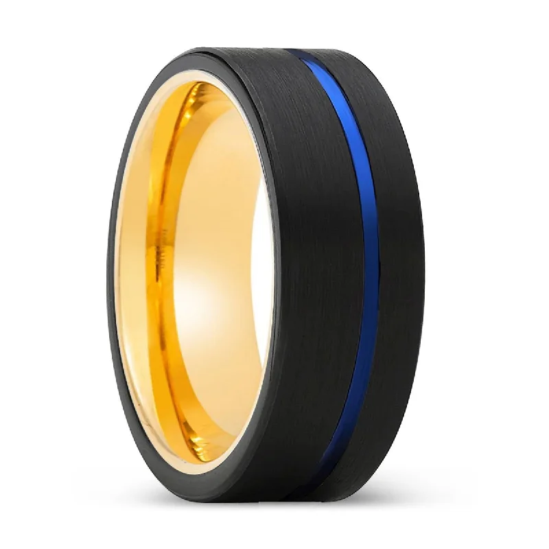 trendy promise rings for women-DRIFTER | Gold Ring, Black Tungsten Ring, Blue Offset Groove, Flat