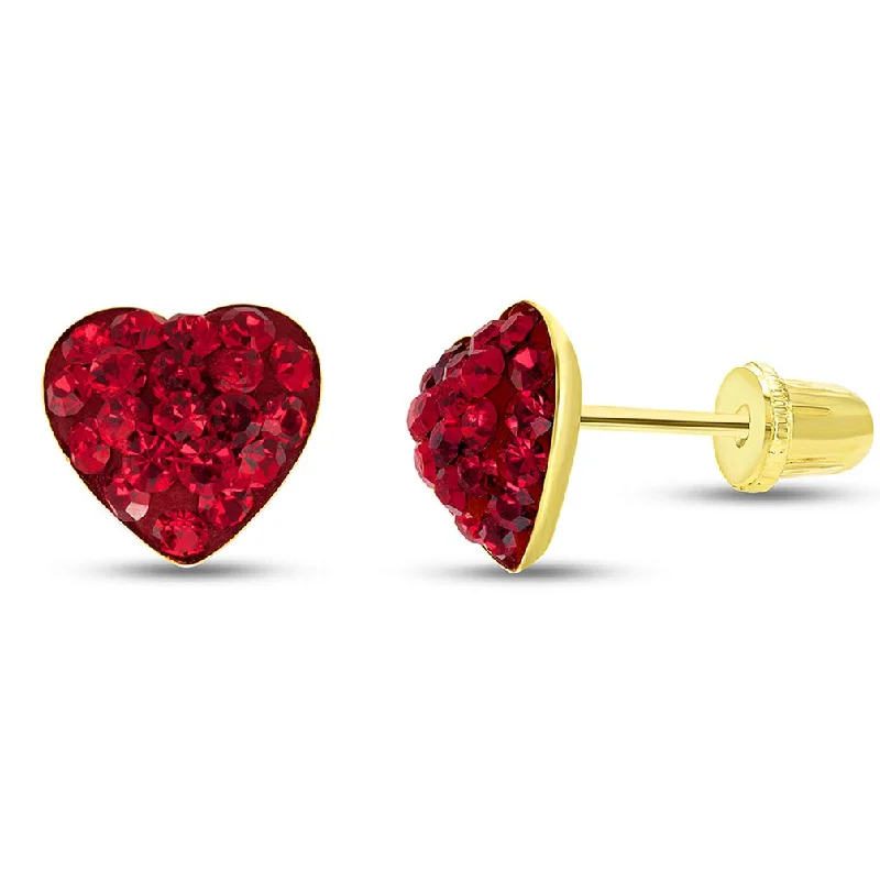 small hoop earrings for women-14k Yellow Gold Red CZ Heart Stud Earrings with Screw Back