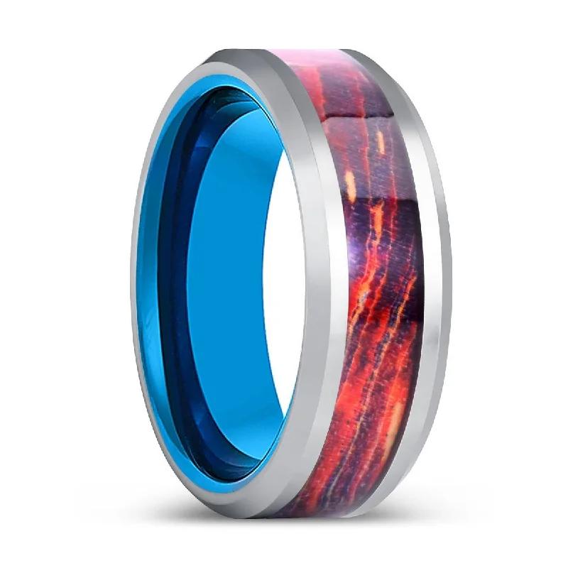 elegant diamond rings for women-INFINITH | Blue Tungsten Ring, Silver Tungsten, Galaxy Wood Inlay, Beveled