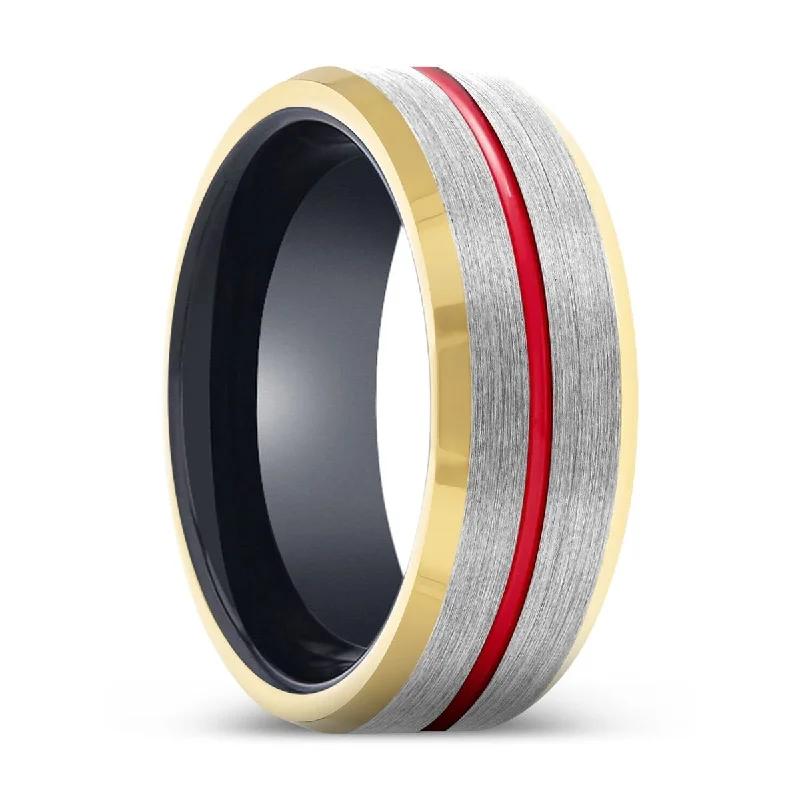 stackable rings for women-ATOM | Black Ring, Silver Tungsten Ring, Red Groove, Gold Beveled Edge