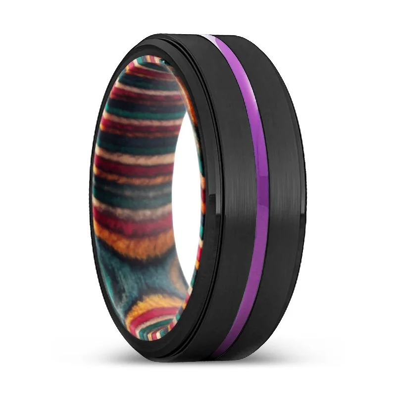 men's rings for women-NOWRA | Multi Color Wood, Black Tungsten Ring, Purple Groove, Stepped Edge