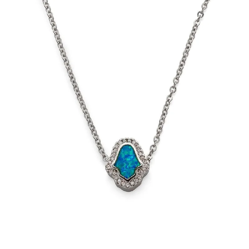 unique necklaces for women-Stainless Steel Blue Hamsa Hand with CZ Pave Necklace