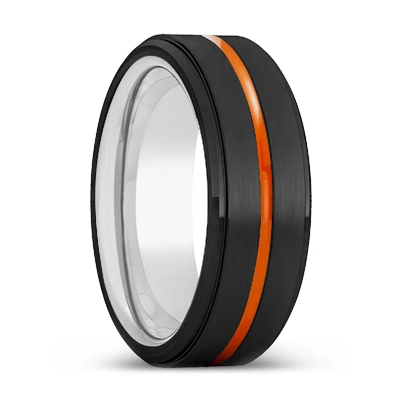 custom rings for women-AUGUSTA | Silver Ring, Black Tungsten Ring, Orange Groove, Stepped Edge