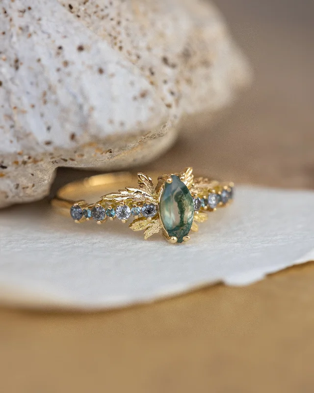 exquisite engagement rings for women-Moss agate and accents sapphires and diamonds engagement ring, nature inspired gold leaf ring / Verbena