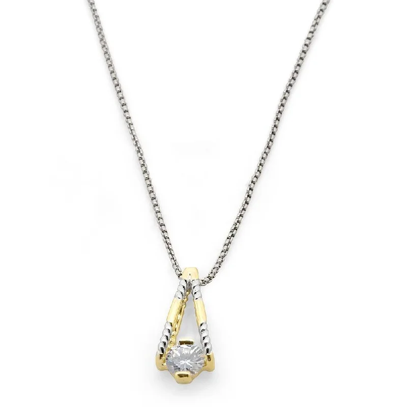 boho necklaces for women-Two Tone Necklace V Bar Single Cubic Zirconia