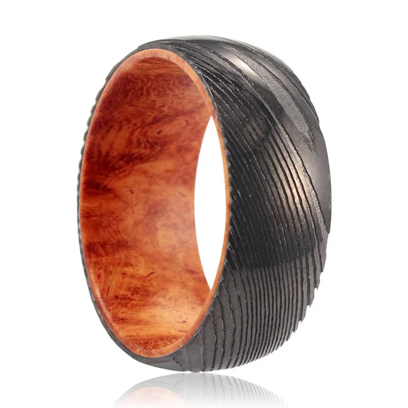 handmade rings for women-CLANCY | Red Burl Wood, Gunmetal Damascus Steel Ring, Domed