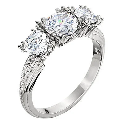 bridal diamond engagement rings for women-Ornate Vintage Style Three Stone Engagement Ring