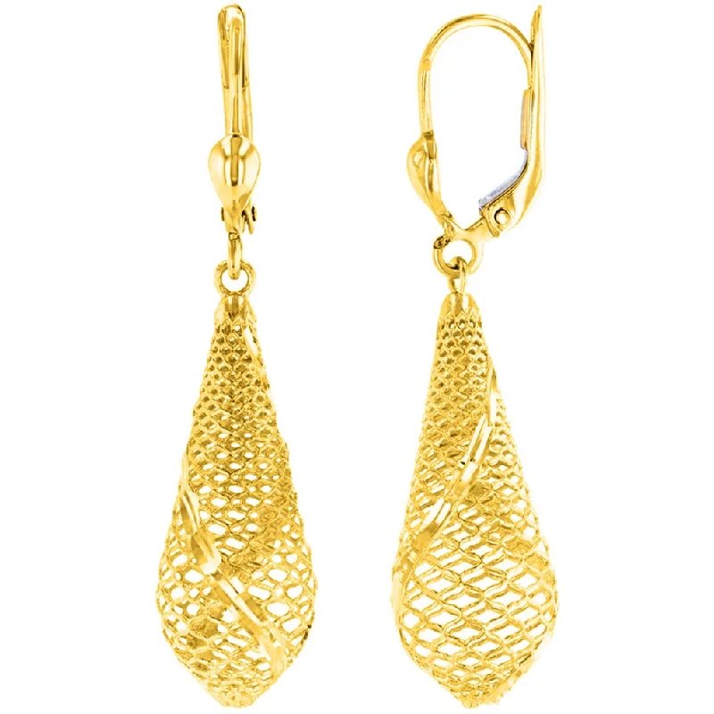 classic hoop earrings for women-14k Yellow Gold Textured Teardrop Dangle Drop Earrings, 10mm