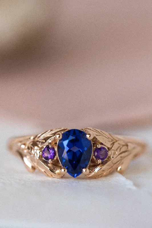 vintage engagement rings for women-Lab blue sapphire engagement ring with side natural amethysts / Wisteria