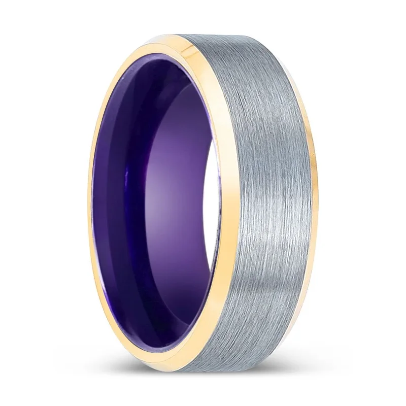 beautiful rings for women-ROCKER | Purple Ring, Brushed, Silver Tungsten Ring, Gold Beveled Edges