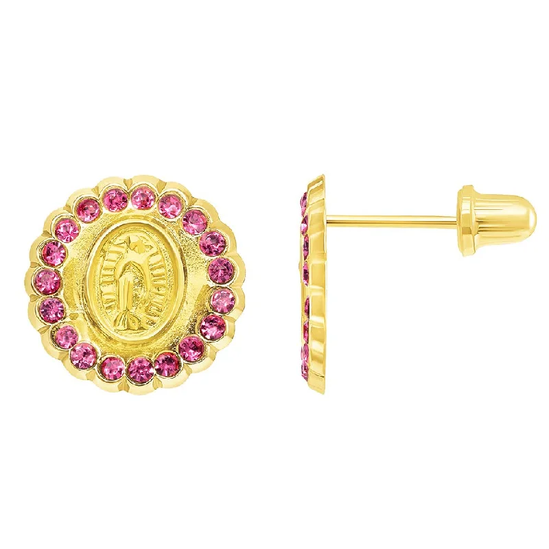 chunky earrings for women-14k Yellow Gold Pink Cubic Zirconia Round Our Lady Of Guadalupe Stud Earrings with Screw Back