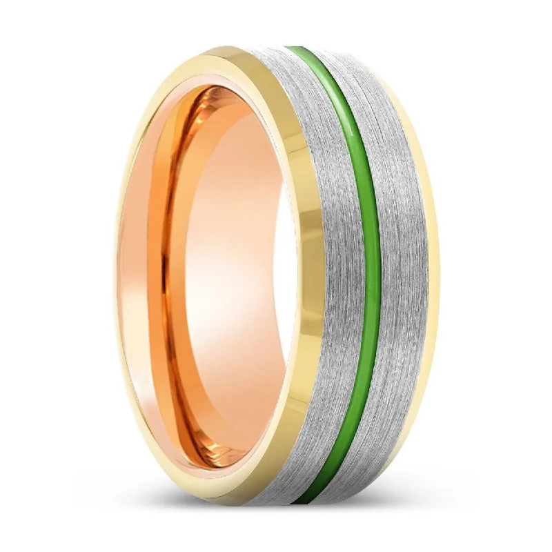 wedding bands for women-RAVAGER | Rose Gold Ring, Silver Tungsten Ring, Green Groove, Gold Beveled Edge