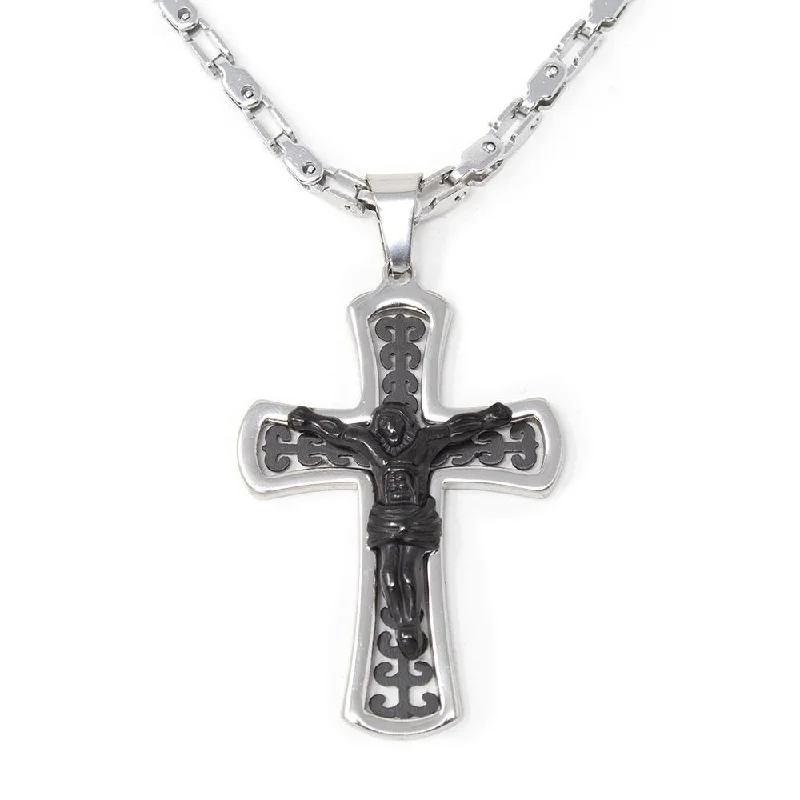 layered necklaces for women-Stainless Steel Black Square Link Necklace with Crucifix Pendant