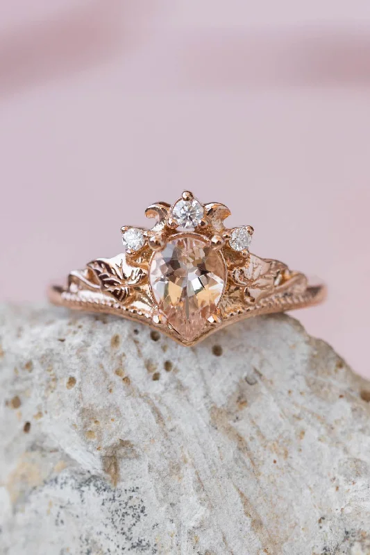 large solitaire engagement rings for women-Peach pink morganite engagement ring, rose gold proposal ring with diamond crown / Ariadne