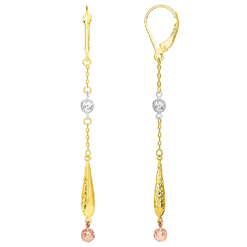 pearl earrings for women-14k Tri Color Gold Beaded Textured Teardrop Dangle Drop Earrings with Lever Back