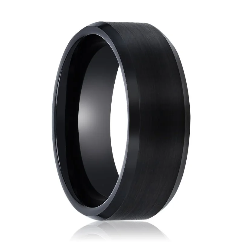 antique rings for women-BLACKJACK | Black Ring, Black Tungsten Ring, Brushed, Beveled