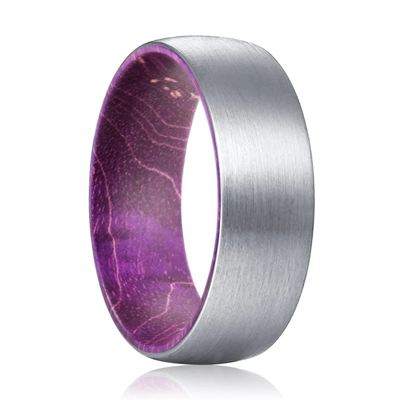 high-end rings for women-MORAV | Purple Wood, Silver Tungsten Ring, Brushed, Domed