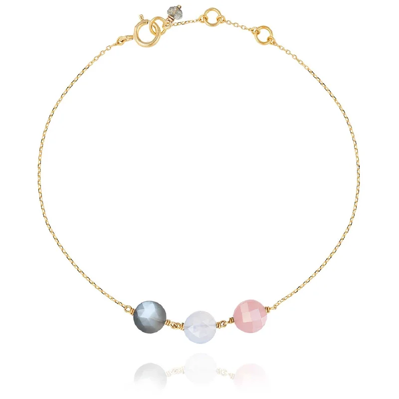 simple charm bracelets for women-Trio Pastille Bracelet Guava Quartz, Grey Moonstone, Calcedony - 18k Gold