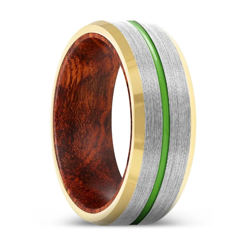 gemstone rings for women-CIPHER | Snake Wood, Silver Tungsten Ring, Green Groove, Gold Beveled Edge