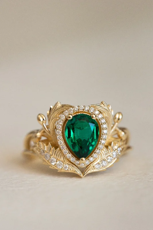 large solitaire engagement rings for women-1 carat lab emerald engagement ring, gold nature inspired ring with diamond halo / Adonis halo