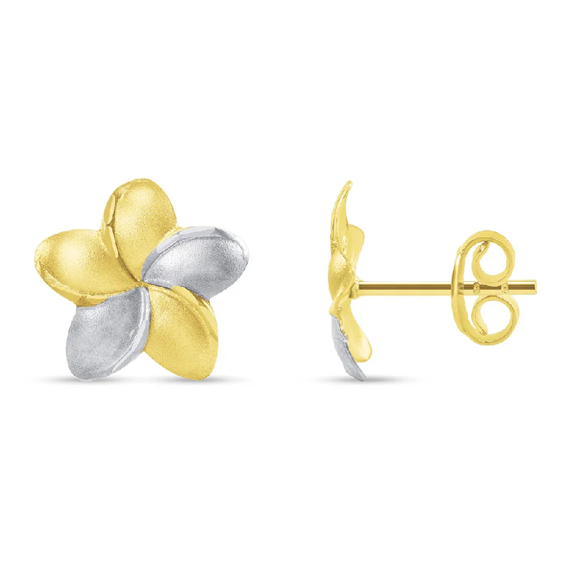 classic hoop earrings for women-14k Yellow Gold Hawaiian Flower Plumeria Stud Two-Tone Earrings with Screw Back, 10.5mm x 10.5mm