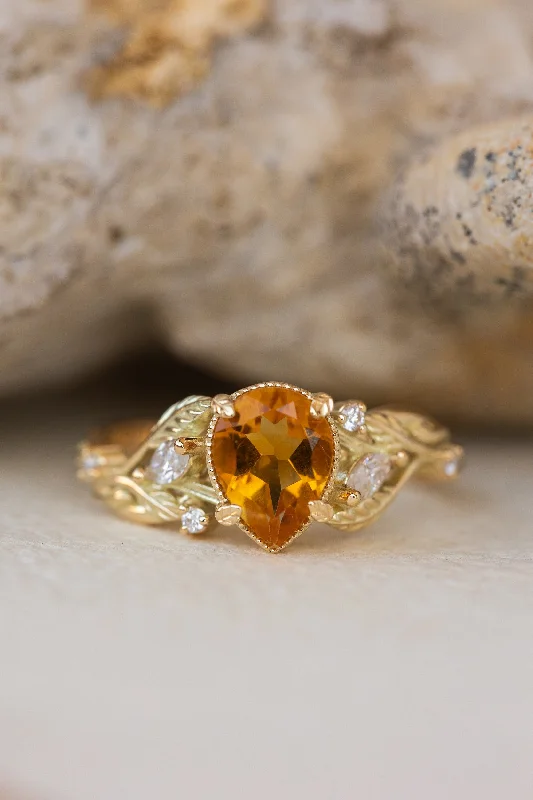 modern engagement rings for women-Natural citrine engagement ring, promise ring with leaves and diamonds / Patricia