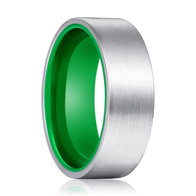 statement rings for women-GIANT | Green Ring, Silver Tungsten Ring, Brushed, Flat