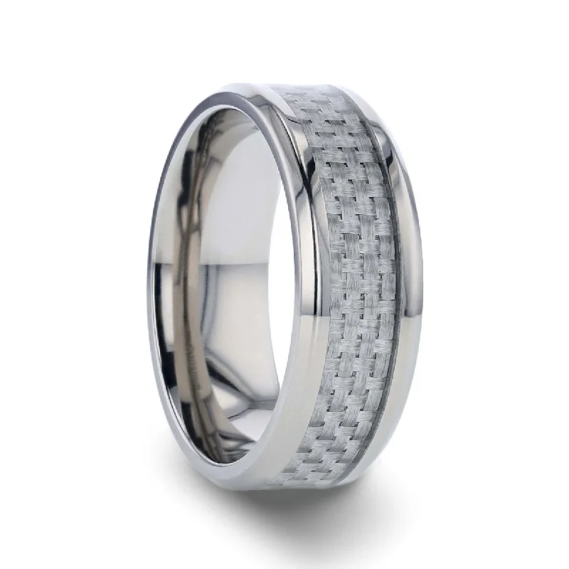 trendy wedding rings for women-TANTALUS | Silver Titanium Ring, White Carbon Fiber Inlay, Beveled