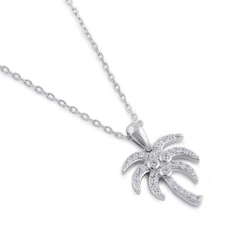 sapphire necklaces for women-Sterling Silver Clear CZ Palm Tree Necklace