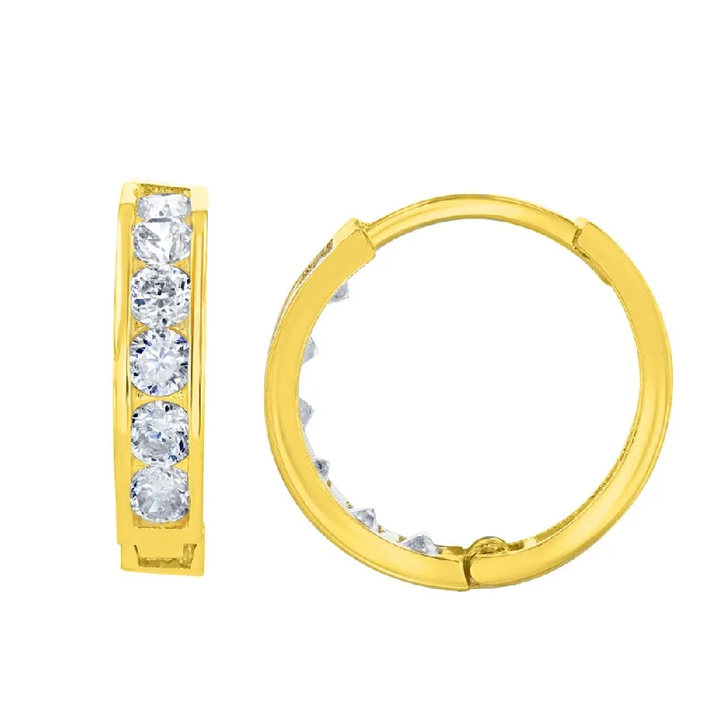 elegant hoop earrings for women-Solid 14K Yellow Gold CZ Studded Hoop Simple Huggie Earrings, 3mm