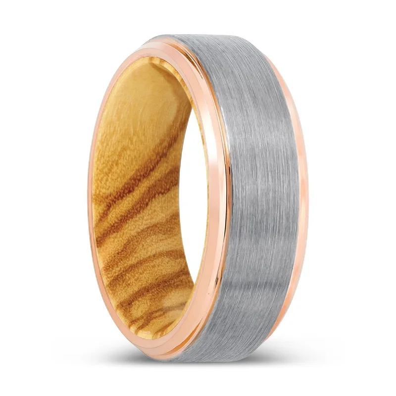 diamond rings for women-KANGITEN | Olive Wood, Silver Tungsten Ring, Brushed, Rose Gold Stepped Edge