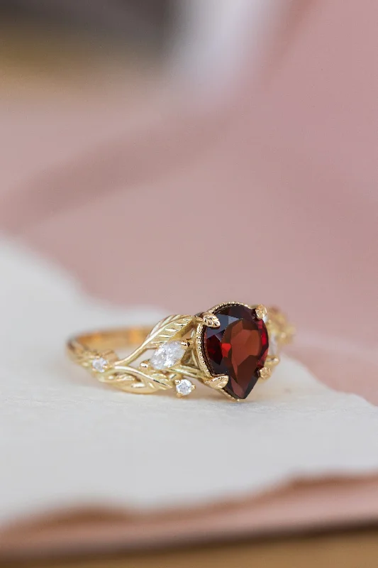 luxury sapphire engagement rings for women-Garnet and diamonds engagement ring, gold branch proposal ring / Patricia