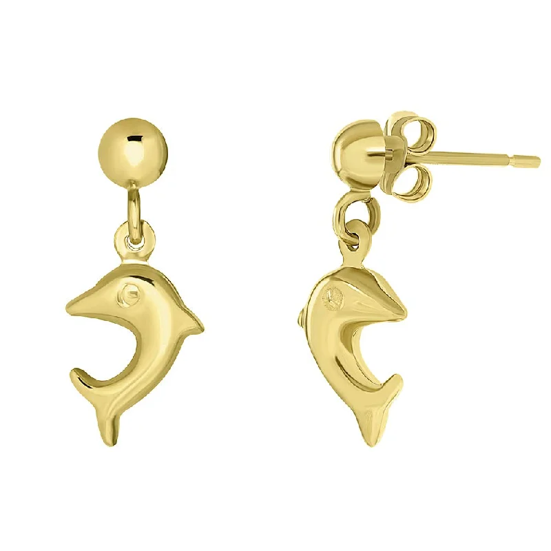 fashion earrings for women-14k Yellow Gold Jumping 3D Dolphin Dangle Drop Earrings with Friction Back