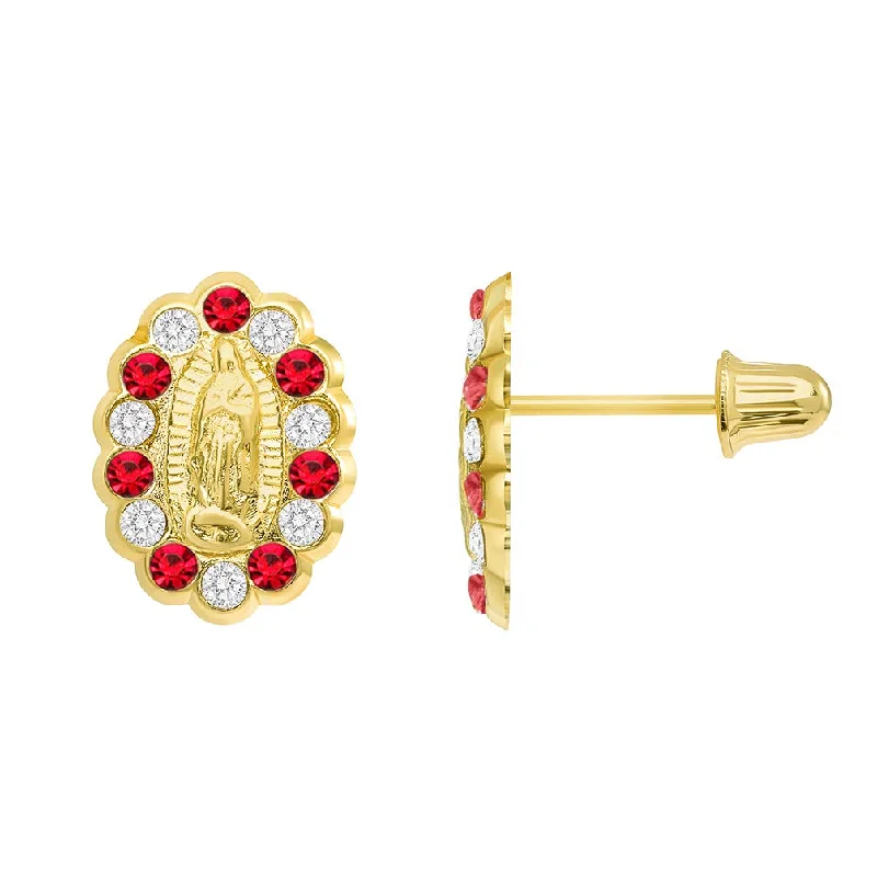 hoop earrings for everyday wear-14k Yellow Gold Red and White Cubic Zirconia Miraculous Our Lady Of Guadalupe Stud Earrings with Screw Back