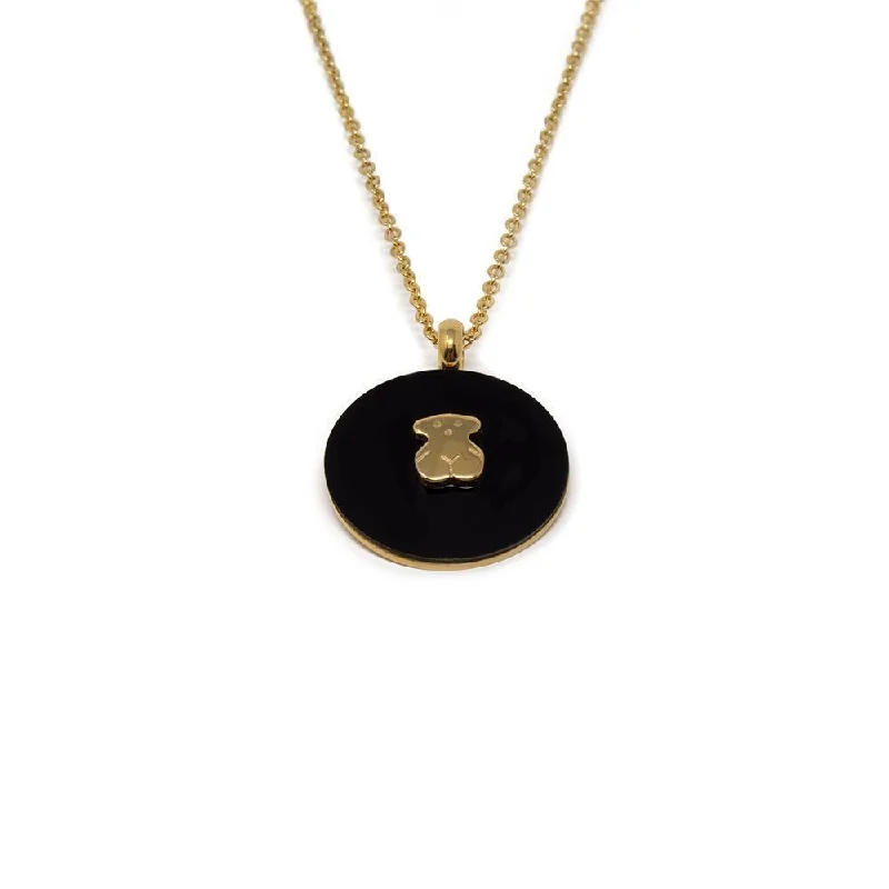 sterling silver chain necklaces for women-Stainless Steel Bear Black Disc Necklace Gold Plated