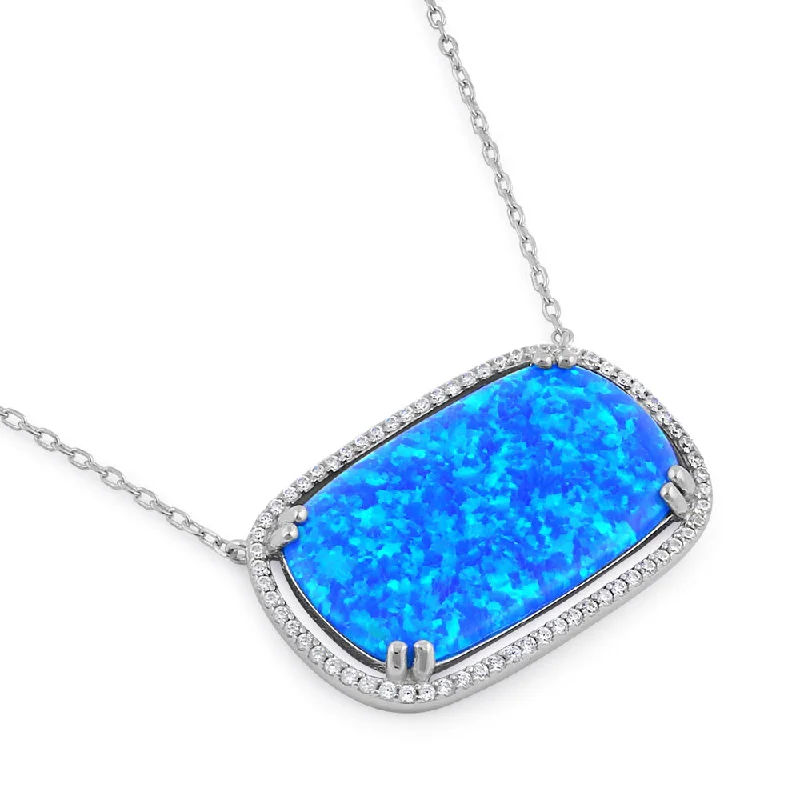 layered necklaces for women-Sterling Silver Blue Opal Squoval Halo CZ Necklace