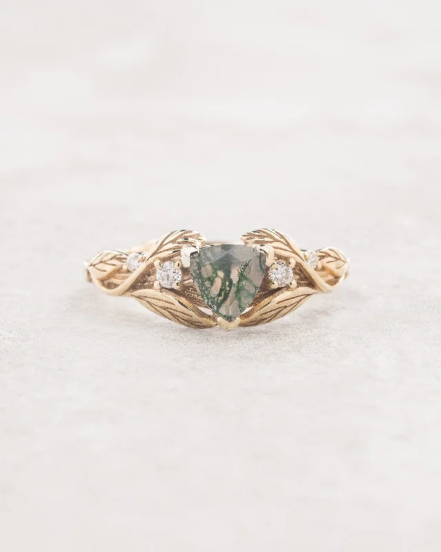 affordable diamond engagement rings for women-Trillion moss agate engagement ring, gold leaves and diamonds ring / Clematis