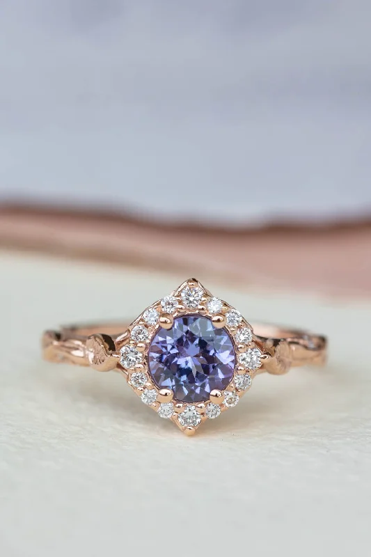 engagement rings with emerald stones for women-Lavender tanzanite engagement ring with diamond halo, rose gold leaves ring with diamonds / Florentina