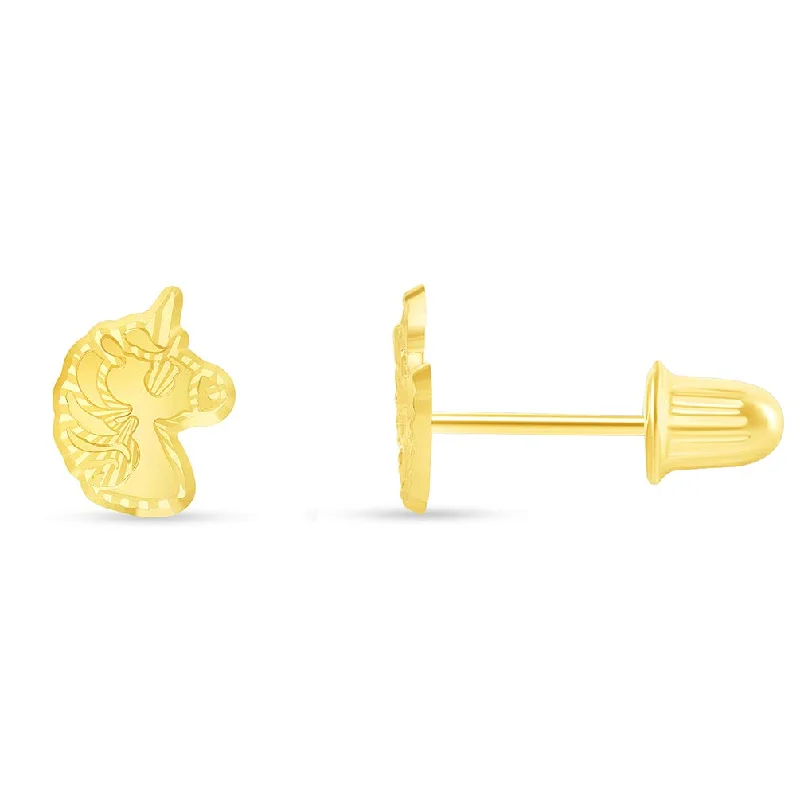 stylish gold stud earrings for women-14k Yellow Gold Well-Detailed Unicorn Stud Earrings with Screw Back