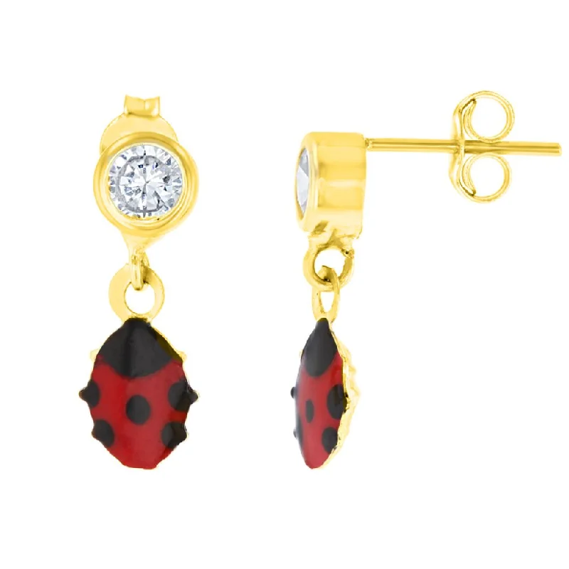 bohemian earrings for women-14k Yellow Gold Enameled Ladybug CZ Studded Dangling Earrings