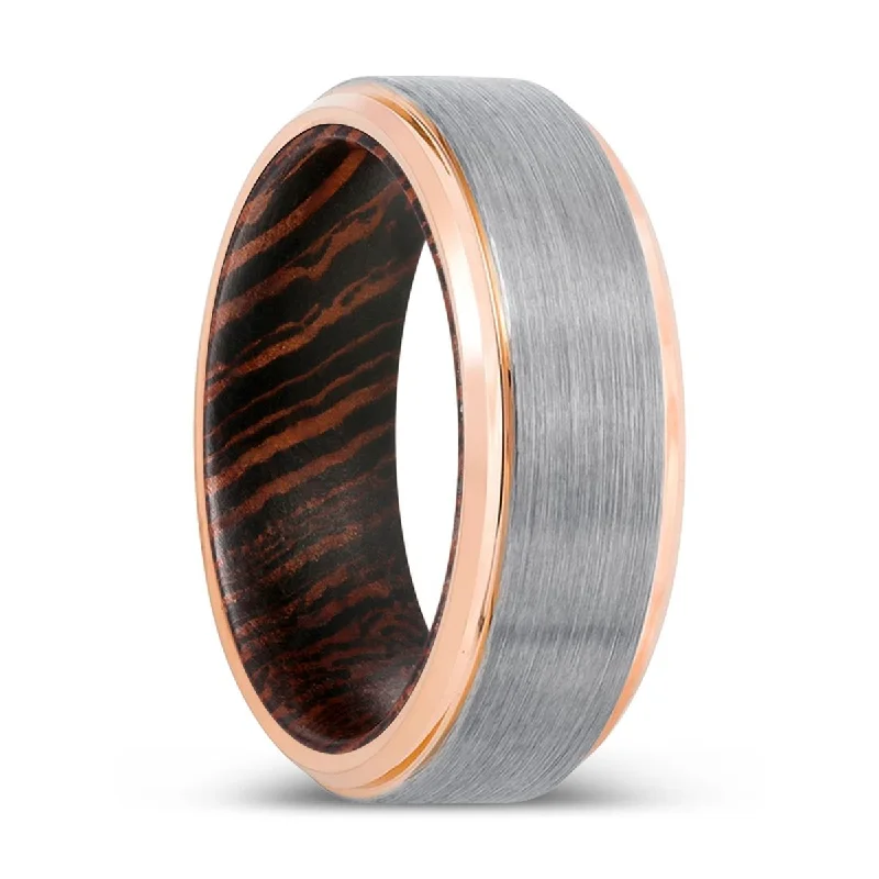 wedding bands for women-ASVIN | Wenge Wood, Silver Tungsten Ring, Brushed, Rose Gold Stepped Edge