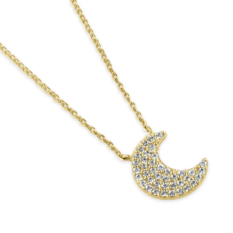 modern necklaces for women-Solid 14K Gold Crescent Moon CZ Necklace