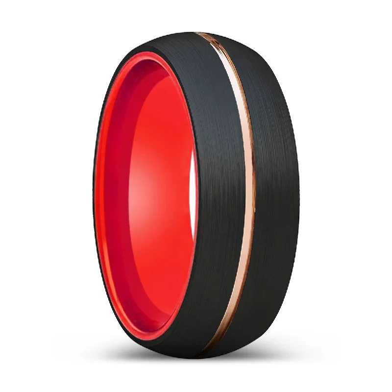 engagement ring sets for women-BOLD | Red Ring, Black Tungsten Ring, Rose Gold Groove, Domed