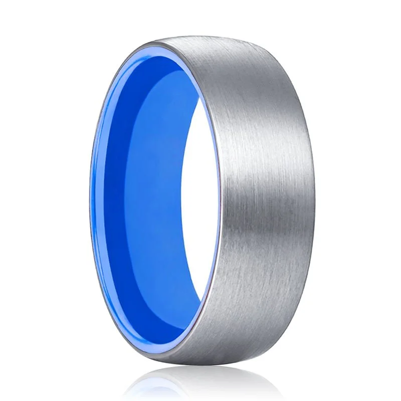 boho rings for women-SONIC | Blue Ring, Silver Tungsten Ring, Brushed, Domed