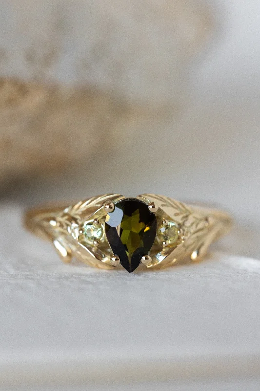 affordable engagement rings for women-Green tourmaline engagement ring, gold leaf ring with side yellow sapphires / Wisteria