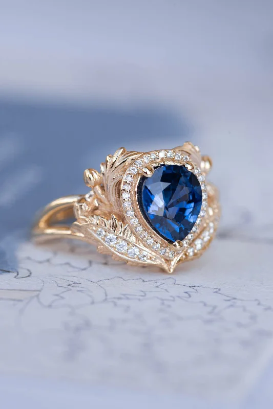 luxury diamond engagement rings for women-Dark blue sapphire engagement ring, gold ring with diamond halo / Adonis halo