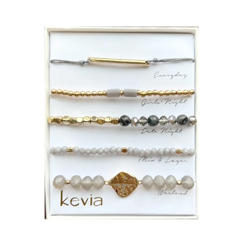 gemstone bracelets for women-Light Grey & Gold Hammered Stretch Bracelet Set